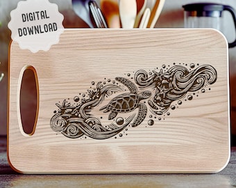 Sea Turtle Svg, Cutting Board Svg, Charcuterie Board Svg, Sea Animal, Turtle With Waves Design for Laser Engraving, Glowforge, Crafting