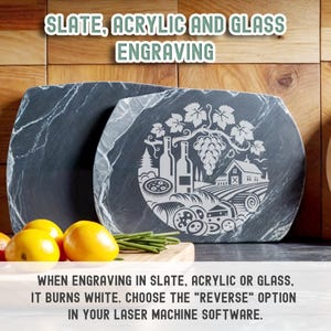 slate, acrylic, glass engraving
