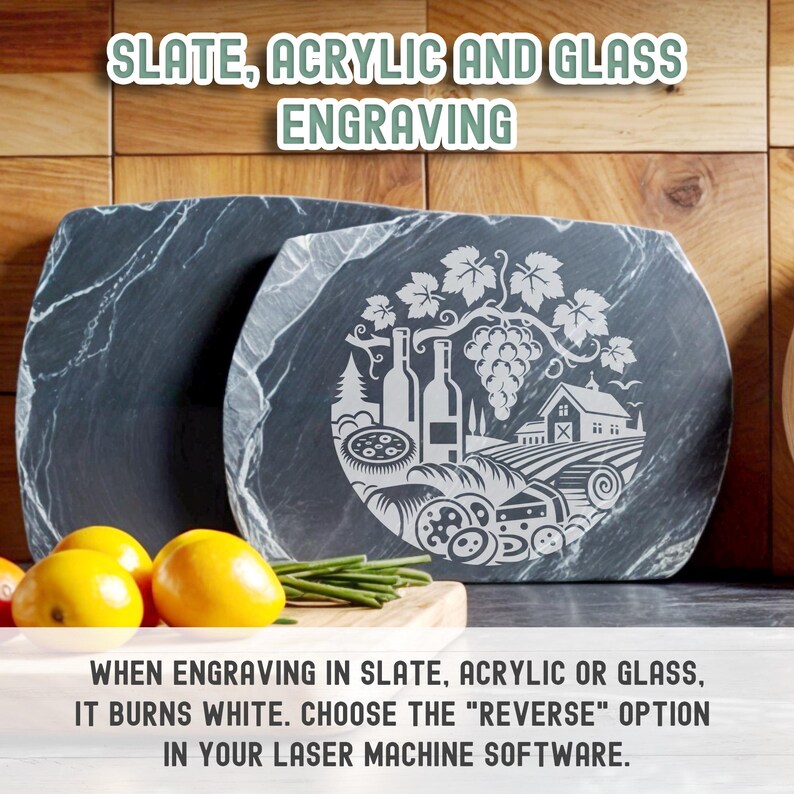 slate, acrylic, glass engraving