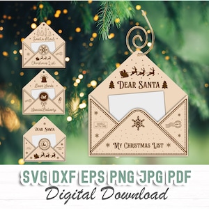 Conjunto de 4 adornos navideños con forma de carta a Papá Noel en formato Svg, Dxf y Png. Querido Papá Noel. Lista de deseos. Diseños cortados con láser. Paquete imprimible de Glowforge Lightburn