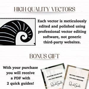 以下が含まれることがあります： 黒と白の渦巻き模様のデジタルイラスト。画像の上部に「HIGH QUALITY VECTORS」というテキストがあります。「Each vector is meticulously edited and polished using professional vector editing software, not generic third-party websites.」というテキストは、渦巻き模様の下にあります。「BONUS GIFT」というテキストは、そのテキストの下にあります。「With your purchase you will receive a PDF with 2 quick guides!」というテキストは、「BONUS GIFT」というテキストの下にあります。テキストの下に、クイックガイドの画像が2つ表示されています。「ADJUSTING VECTOR FILES FOR LASER ENGRAVING」というテキストは、左側のクイックガイドにあります。「MATERIAL SUGGESTIONS FOR LASER ENGRAVING」というテキストは、右側のクイックガイドにあります。「Quick Guide」というテキストは、両方のクイックガイドにあります。