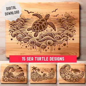 Könnte beinhalten: Holzschneidebrett mit einem Schildkrötendesign. Das Design zeigt eine detaillierte Illustration einer Schildkröte, die über stilisierten Wellen schwimmt. Die Worte "DIGITALER DOWNLOAD" befinden sich in der oberen linken Ecke. Die Worte "15 SEA TURTLE DESIGNS" stehen in einem roten Banner.
