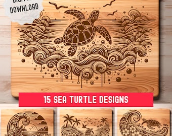Zestaw z żółwiem morskim SVG, deska do krojenia SVG, deska do wędlin SVG, zwierzęta morskie, żółwie z kwiatami do grawerowania laserowego, Glowforge, Lightburn