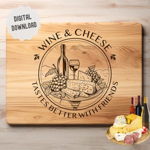 Wijn en kaas Svg, Charcuterie Svg-bestand, snijplank Svg, Friends Gathering Tray, rond vectorontwerp voor gravure en print, Glowforge
