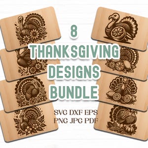 May include: A set of 8 Thanksgiving designs featuring turkeys, leaves, and fruit. The designs are available in SVG, DXF, EPS, PNG, JPG, and PDF formats.  8 Thanksgiving Designs Bundle.