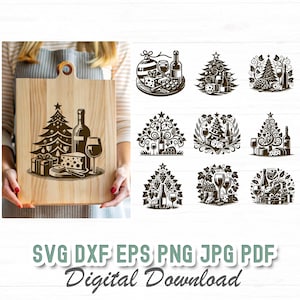 20 Bundle di file SVG per taglieri di salumi natalizi, disegni SVG per il taglio, file SVG per vino e formaggio, file per incisione laser, progetti di lavorazione del legno