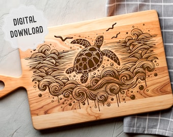 Żółw morski SVG, deska do krojenia SVG, deska do wędlin SVG, zwierzę morskie, żółwie morskie z falami do grawerowania laserowego, Glowforge, Lightburn