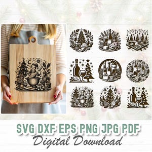 May include: A set of 10 black and white Christmas-themed SVG cut files. The designs feature a snowman making hot chocolate, a Christmas tree with wine glasses, a Christmas tree with gifts, and a Christmas tree with a wreath.  SVG DXF EPS PNG JPG PDF Digital Download