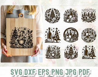May include: A set of 10 black and white Christmas-themed SVG cut files. The designs feature a snowman making hot chocolate, a Christmas tree with wine glasses, a Christmas tree with gifts, and a Christmas tree with a wreath.  SVG DXF EPS PNG JPG PDF Digital Download