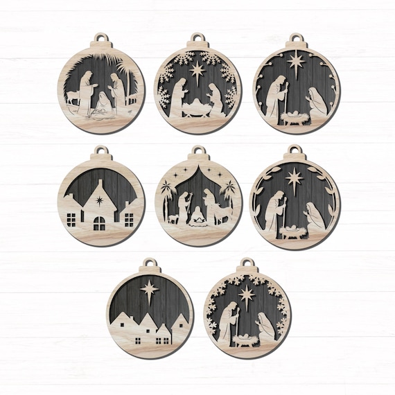 8 Bundle Nativity Scene SVG, Christmas Ornaments Vector Graphic for Engraving Projects, Cricut, Silhouette, Laser Cut Files, Glowforge