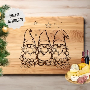 May include: A wooden chopping board featuring a design of three gnomes with poinsettia flowers and stars. The gnomes are wearing red hats and have white beards.