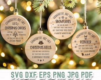 May include: Four wooden Christmas ornaments with text and festive designs. The ornaments say "Coworkers are like Christmas Carols", "Coworkers are like Snowflakes", "Coworkers are like Christmas Bells", and "Coworkers are like Reindeer". The bottom of the image says "SVG DXF EPS PNG JPG PDF Digital Download".