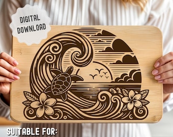 Pliki SVG z żółwiem morskim, projekt deski do krojenia na lato, deska do wędlin w formacie SVG, projekt żółwia morskiego do grawerowania laserowego, Glowforge, rękodzieło