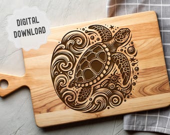 Sea Turtle Svg, Cutting Board Svg, Charcuterie Board Svg, Sea Animal, Turtle in Water Waves Design for Laser Engraving, Glowforge, Crafting