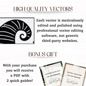 May include: Image featuring a black and white vector graphic of a spiral shell, with text that reads "HIGH QUALITY VECTORS" and "BONUS GIFT". The image also includes text stating that each vector is meticulously edited and polished using professional vector editing software. Includes two quick guides.
