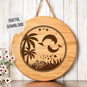 Dolphin Svg, Dolphin Round Design com árvores de palma e plantas marinhas, silhueta de golfinho, gravação a laser, tábua de corte de verão Svg Dxf Png