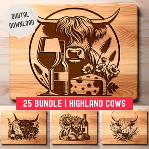 25 bundel Highland Cow SVG, Charcuterie Board SVG, Wine and Cheese, Vector Pack voor lasergravure, Glowforge, Printing, Crafts