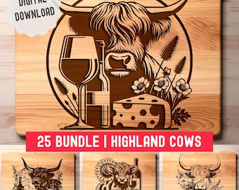 25 Bundle Highland Cow SVG, Charcuterie Board SVG, Wine and Cheese, Vector Pack for Laser Engraving, Glowforge, Printing, Crafts