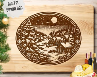 Archivo vectorial de pueblo navideño redondo para grabado láser, tabla de charcutería SVG, tabla de cortar Svg, escena navideña Svg, decoración de cocina navideña