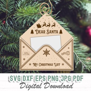 Caro Babbo Natale Svg Ornamento per albero di Natale Svg Dxf Bambini Lista dei desideri Lettera a Babbo Natale Vettore Pronto per il taglio Incisione laser Glowforge Diodo Stampa laser