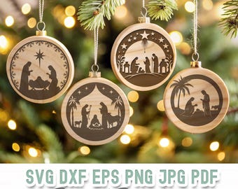 May include: Four wooden Christmas ornaments with a nativity scene design. Each ornament features a different scene from the nativity story, including the star of Bethlehem, the three wise men, and the shepherds. The ornaments are hanging on a Christmas tree.