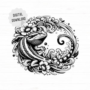 May include: Black and white illustration of a bearded dragon curled around a floral design. The dragon is facing the left side of the image and has a detailed, scaly texture. The floral design is intricate and features swirls, leaves, and flowers.