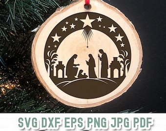 May include: A wooden Christmas ornament with a brown background and a silhouette of the nativity scene. The ornament features a star with a beam of light shining down on Mary, Joseph, and baby Jesus. The ornament is surrounded by a circle of stars.