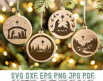 May include: Four wooden Christmas ornaments with a nativity scene, a winter scene, and two variations of a star with a starburst design. The ornaments are hanging from a Christmas tree.