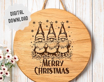 May include: A round wooden sign with a Christmas theme. Three gnomes are depicted wearing red hats and white beards. The sign reads "Merry Christmas" in a decorative font.