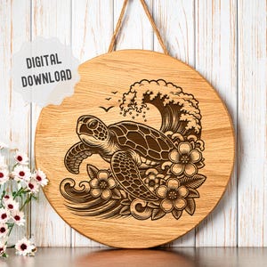 Sea Turtle Svg, Turtle with Wave and Flowers, Sea Animal Cutting Board Svg, Ocean Animal Svg, Slate Laser Engraving, Glowforge Dxf Files