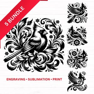 Cardinal SVG, 5 bundelontwerpen voor vogelgravure, snijplank SVG, Cardinal-bestanden klaar voor lasergravure, Glowforge, sublimatie, afdrukken