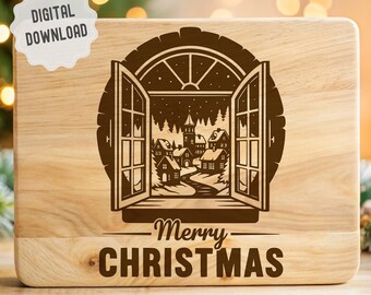 Widok na wioskę bożonarodzeniową z okna (SVG), deska do krojenia wędlin (SVG), szopka bożonarodzeniowa (SVG), projekt wektorowy kuchni do grawerowania laserowego, Glowforge