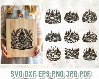 Paquete de 20 tablas de charcutería navideñas Svg, tablas de cortar de pueblos navideños Svg, tablas de vino y queso Svg, tablas de pan, archivos de grabado para láser