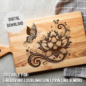 Fiore di loto in formato SVG, Loto con farfalle, Tagliere primaverile, Salumi in formato SVG, File vettoriali estivi per incisione e stampa, Glowforge