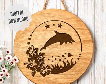 Dolphin svg, Dolphin Round Frame with Hawaiian Flowers, Fish and Sea Plants, Dolphin Silhouette, SVG Digital Download Files, Glowforge