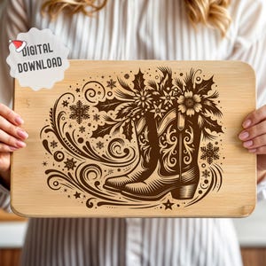 Cowgirl Boots Svg, Christmas Cutting Board Svg, Charcuterie Board SVG, Rodeo Svg, Western Vector Design Ready for Laser Engraving and Print