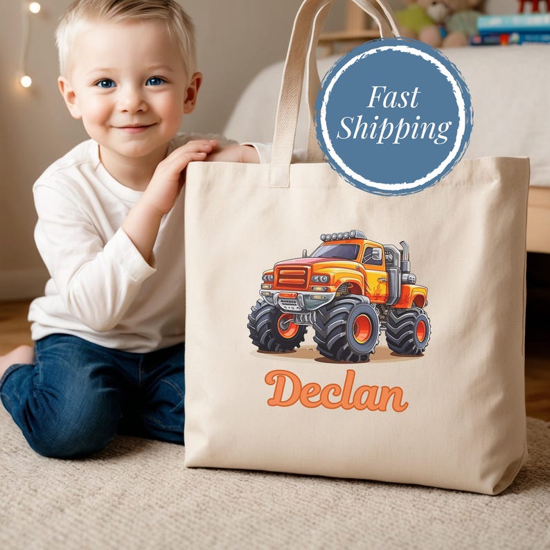 Fun School Bag Childs Name on Tote Customized Library Bag Monster Truck Gift Boy Customizable Vehicle Bag Preschool Personalized Book Bag Canvas Tote Long Handle Kid Travel Snack Bag Custom Name
