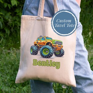 Monster Truck Gift Boy Customizable Name Kid Canvas Bag Preschool Personalized Travel Tote Child Library Book Bag Vehicle School Custom Tote Bild 5