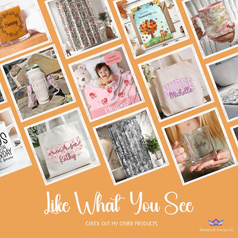 K&ouml;nnte beinhalten: Eine Collage aus personalisierten Geschenken, darunter Tassen, Einkaufstaschen, Duschvorh&auml;nge und Decken. Die Artikel zeigen verschiedene Designs und Namen, wie "Sunny", "Nurse Michelle", "Kathy" und "Eleanor". Der Text "Like What You See" und "CHECK OUT MY OTHER PRODUCTS" ist ebenfalls enthalten.