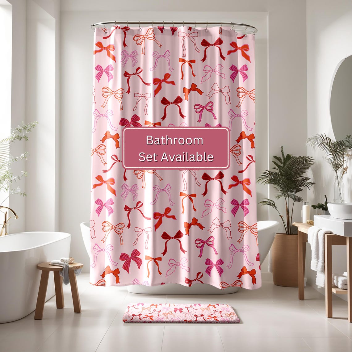 KAIRA Pink Bow Shower Curtain – Waterproof Polyester, Cute Bathroom Decor With Hooks Included - View #10
