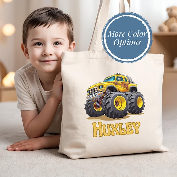 Monster Truck Gift Boy Customizable Name Kid Canvas Bag Preschool Personalized Travel Tote Child Library Book Bag Vehicle School Custom Tote