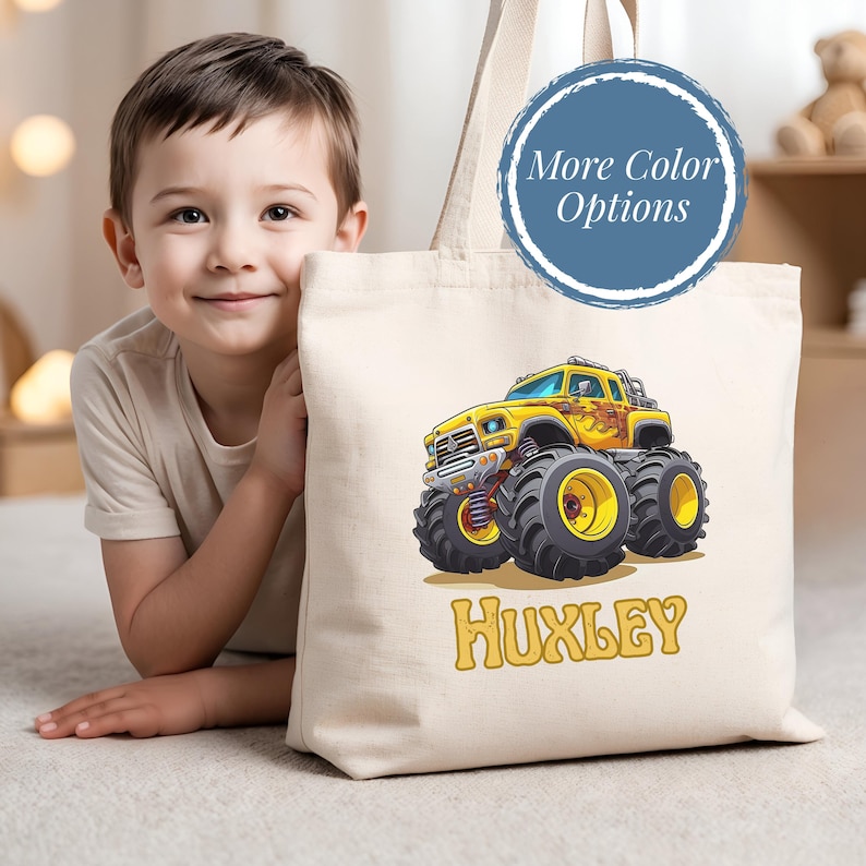 Monster Truck Gift Boy Customizable Vehicle Bag Preschool Personalized Book Bag Canvas Tote Long Handle Kid Travel Snack Bag Custom Name Colorful Illustration Durable Practical Gift Vehicle Enthusiast