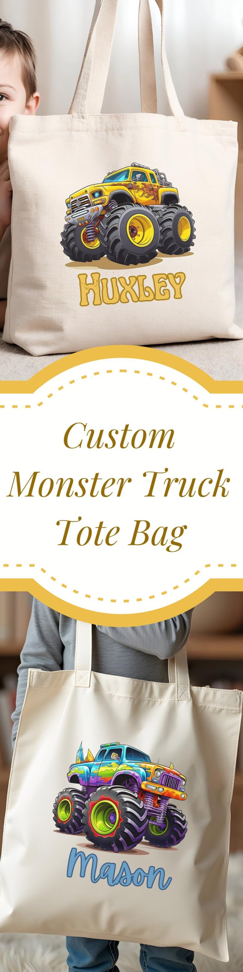 Monster Truck Gift Boy Customizable Name Kid Canvas Bag Preschool Personalized Travel Tote Child Library Book Bag Vehicle School Custom Tote Bild 10