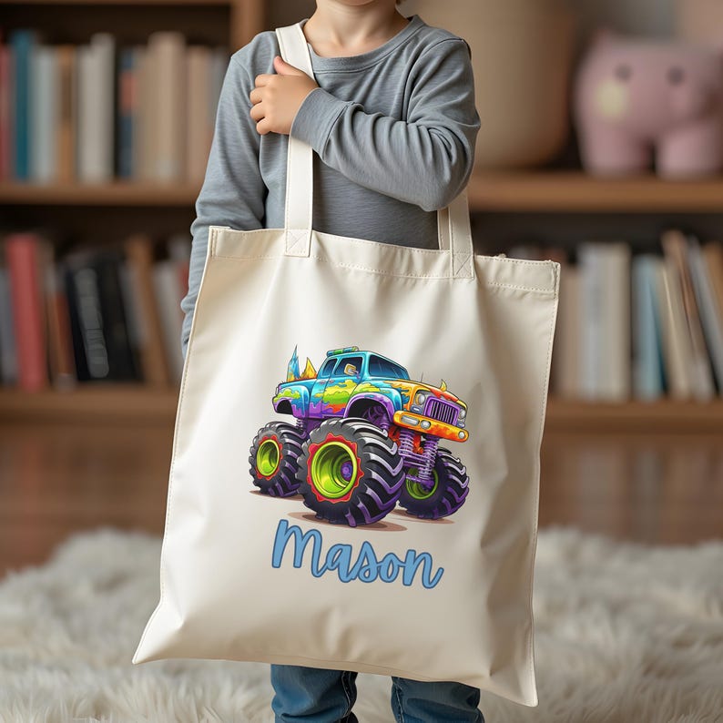 Vehicle Illustration Tote Library Book Bag Kids Travel Tote Children Preschool Personalized Bag Toddler Snack Bag Elementary School Custom Tote Gift Young Car Enthusiast Vehicle Lover Present