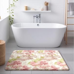 French Toile Bathmat Pink Color Bathroom Decor French Country Style Design Luxury Bath Rug Elegant Home Accessory Vintage Pattern