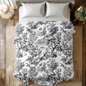 French Toile Blanket Black Pattern Jouy Design Floral Throw Bedroom Accent Home Textile Luxury Decor Country Style Vintage Aesthetic