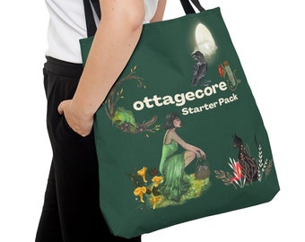 COTTAGECORE TOTE BAG, Cottage Core Starter Pack, Shopping, Halloween, Witch Aesthetic, Raven, Moon, Frog, Cat, Mushroom, Halloween, Gift