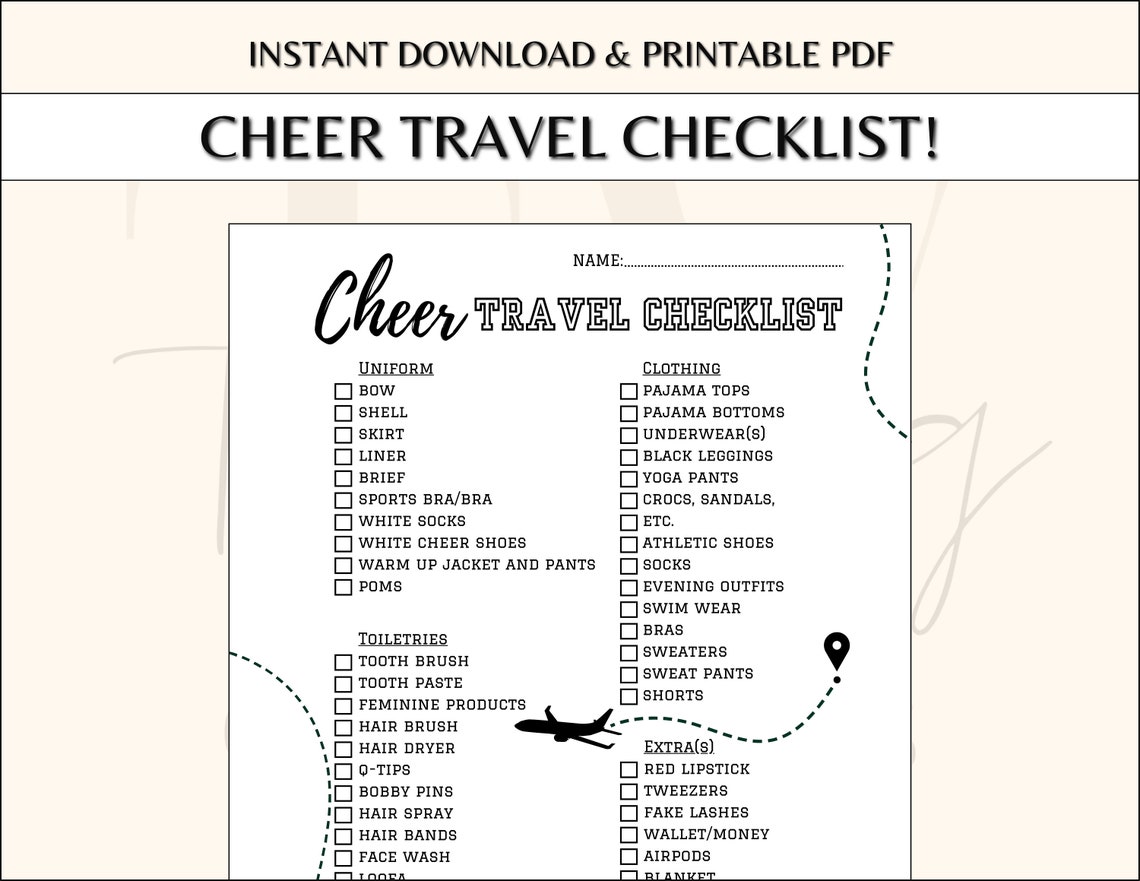 Cheer Travel Checklist Travel Packing List PDF INSTANT Etsy