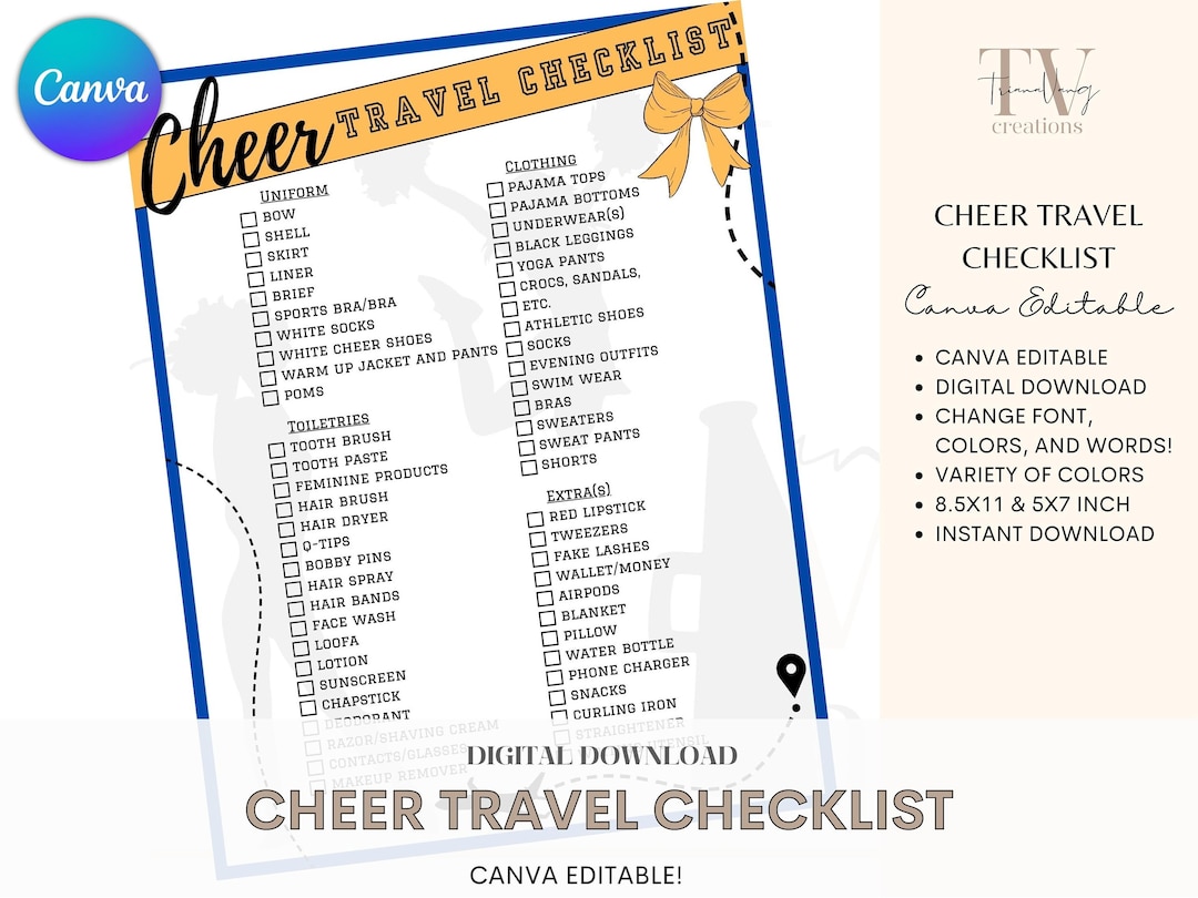Cheer Travel Checklist, Cheer Camp, Cheer Competition, Instant Download, Canva Editable