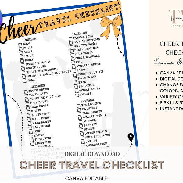 Cheer Travel Checklist, Cheer Camp, Cheer Competition, Instant Download, Canva Editable, Customization, Cheerleading, Canva Template